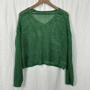 Perout Green Open Crochet Knit Oversized Slouchy Beach Boho Sweater Sz L Resort